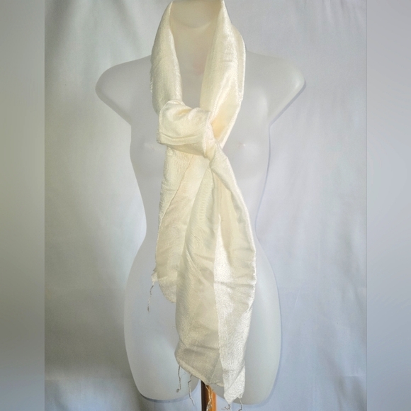 Accessories - Vintage White Silk Scarf with fringe